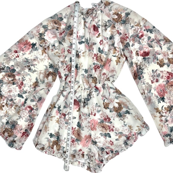 Romwe Floral Chiffon Ruffle Long Bell Sleeve High Neck Open Back Loose Romper XS - Picture 5 of 7